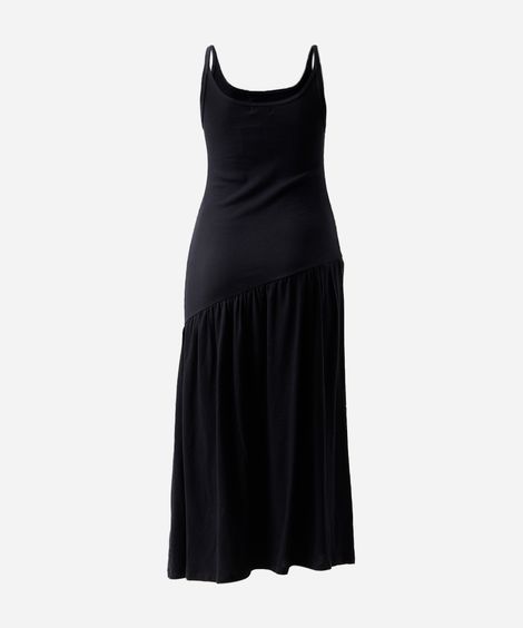 vestido longo feminino assimétrico canelado mindset plus size preto
