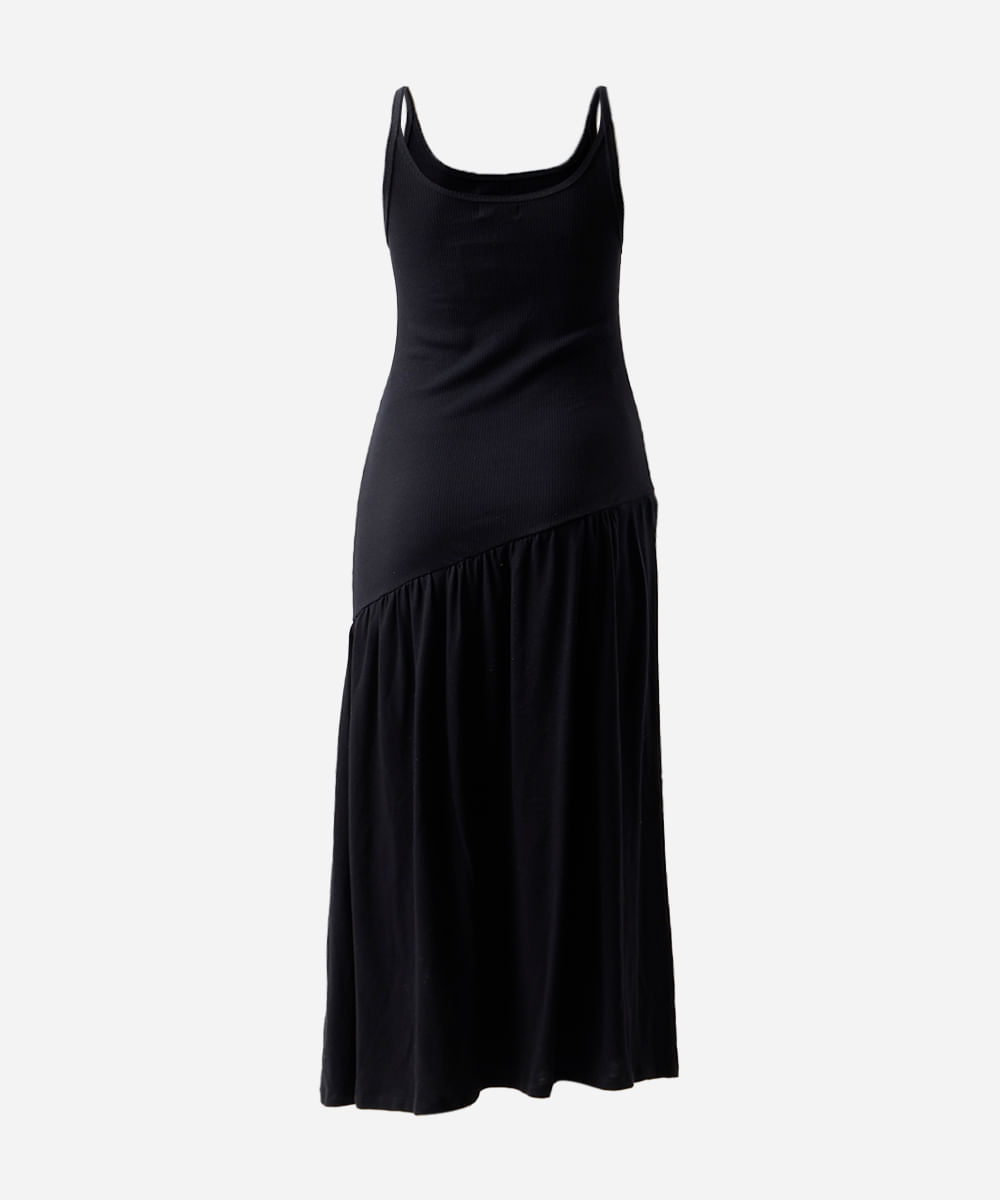 vestido longo feminino assimétrico canelado mindset plus size preto