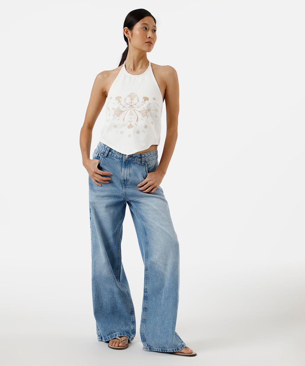 calça wide leg feminina jeans cintura baixa azul