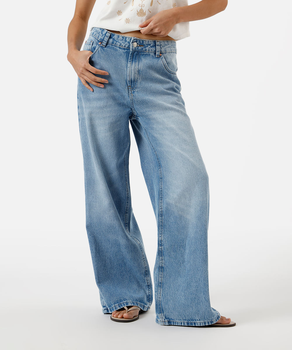 calça wide leg feminina jeans cintura baixa azul