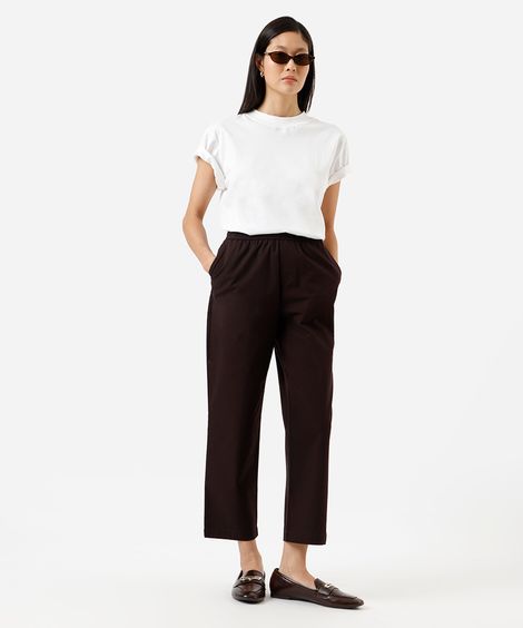 calça reta básica feminina de algodão marrom