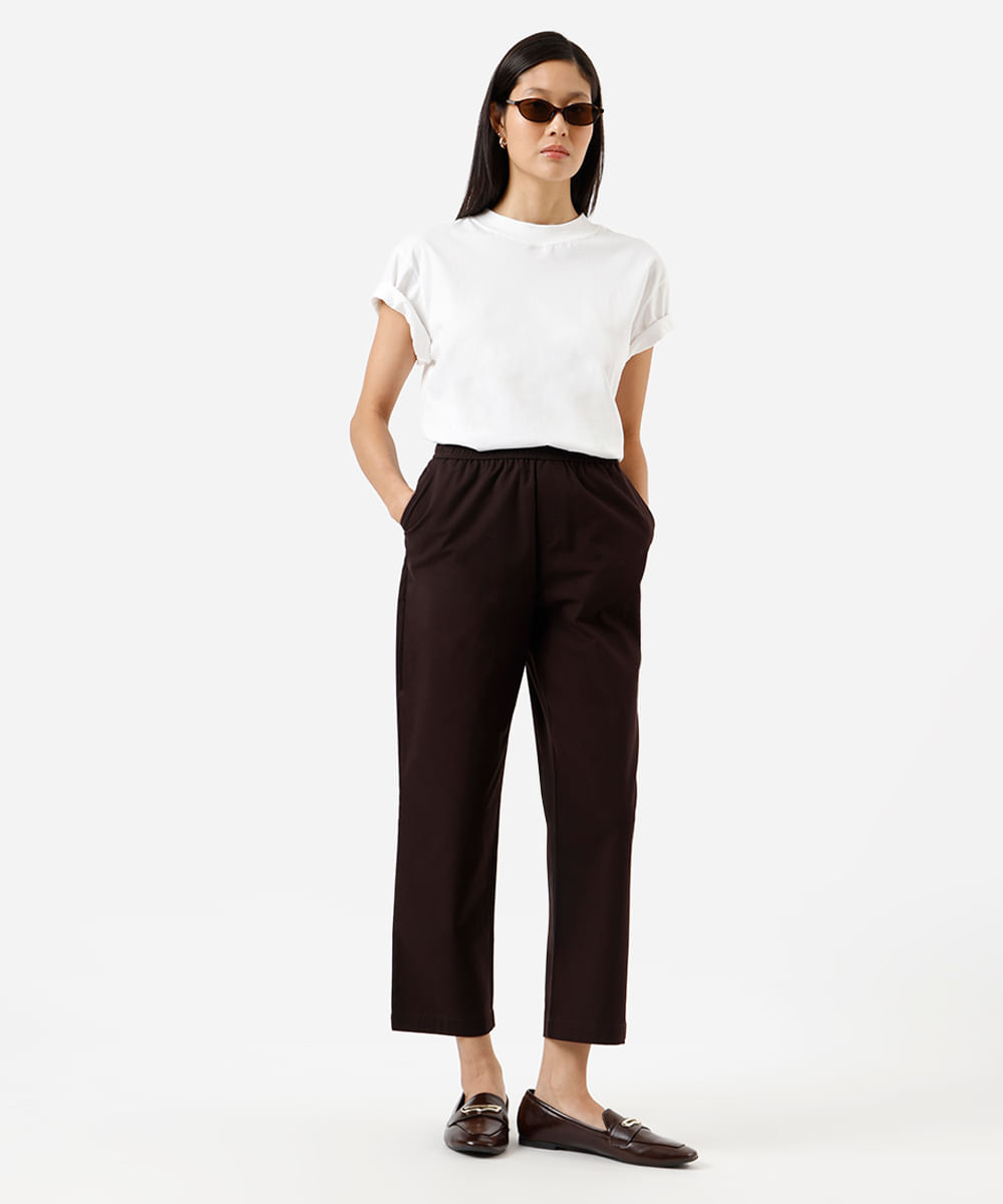 calça reta básica feminina de algodão marrom