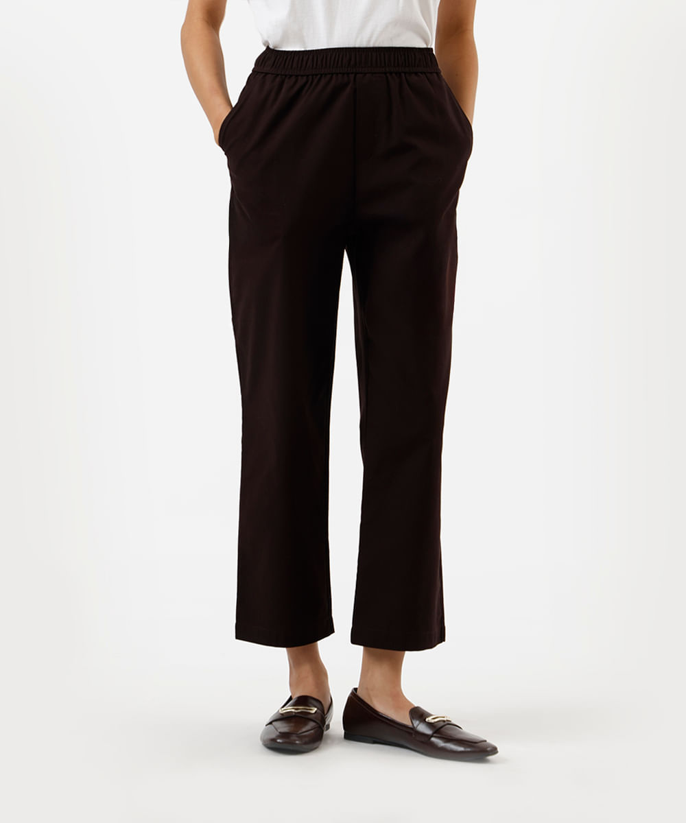 calça reta básica feminina de algodão marrom