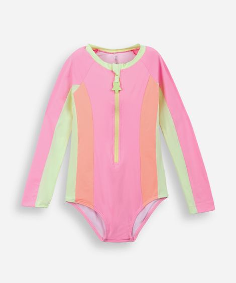 maiô infantil com recortes manga longa rosa