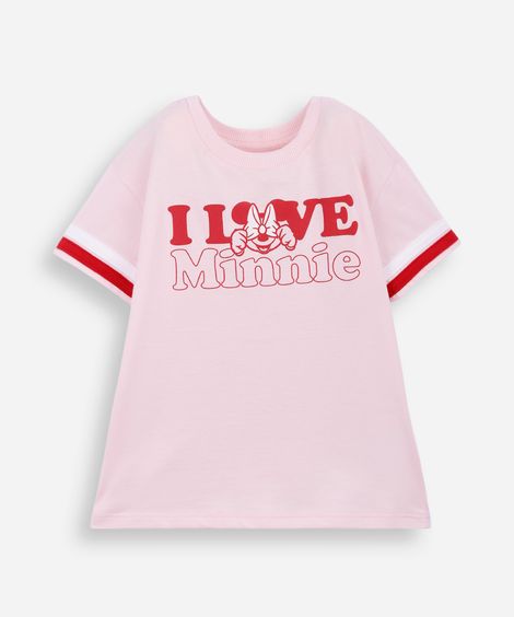 camiseta infantil de algodão minnie com listras rosa