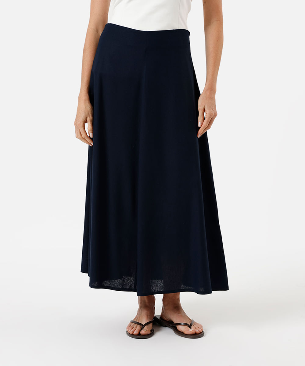 saia midi feminina com linho azul