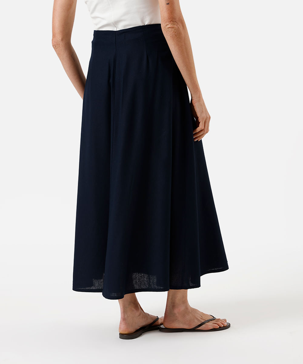 saia midi feminina com linho azul