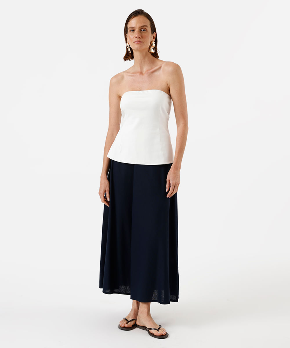 saia midi feminina com linho azul