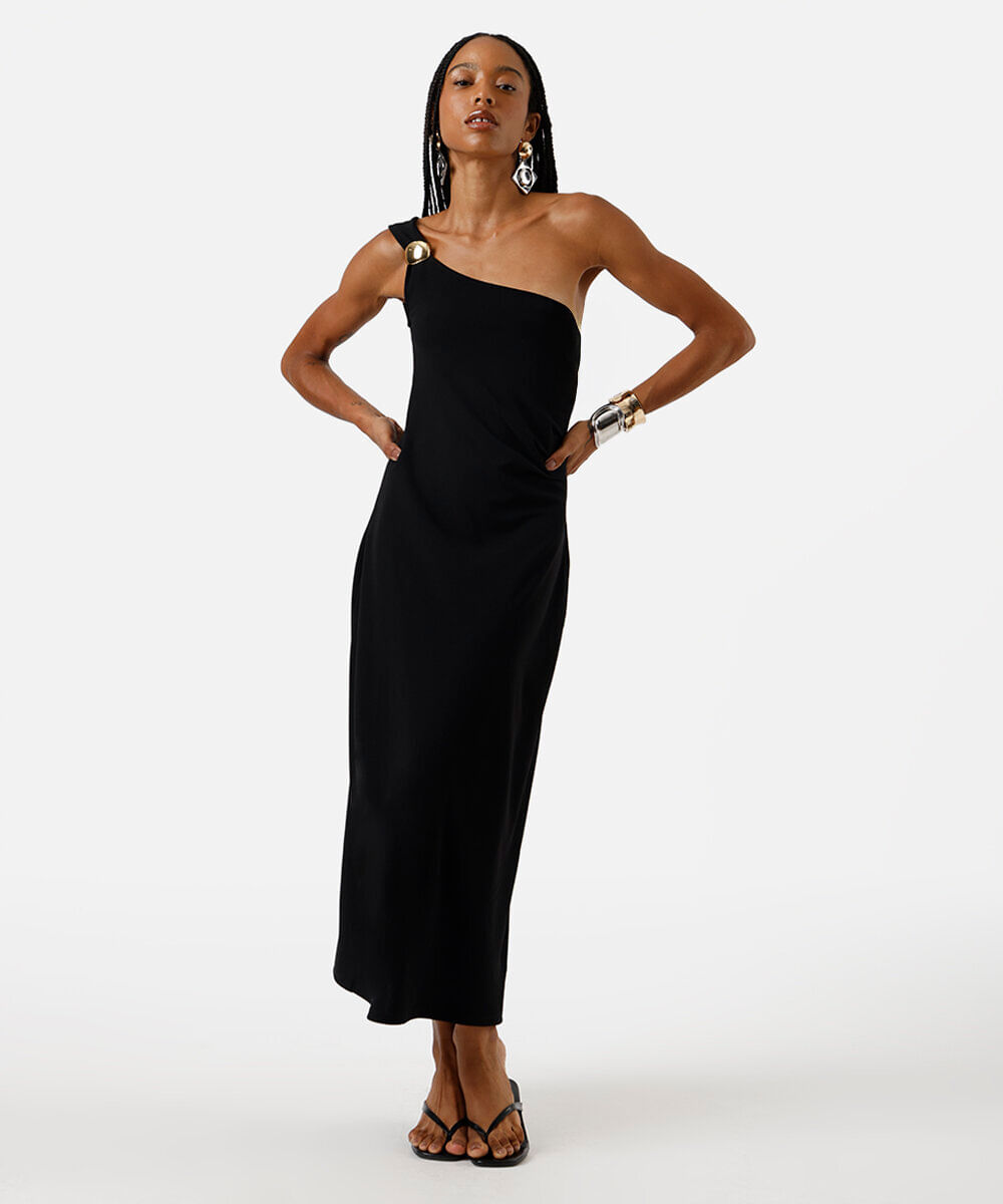 vestido midi ombro único feminino com fivela preto