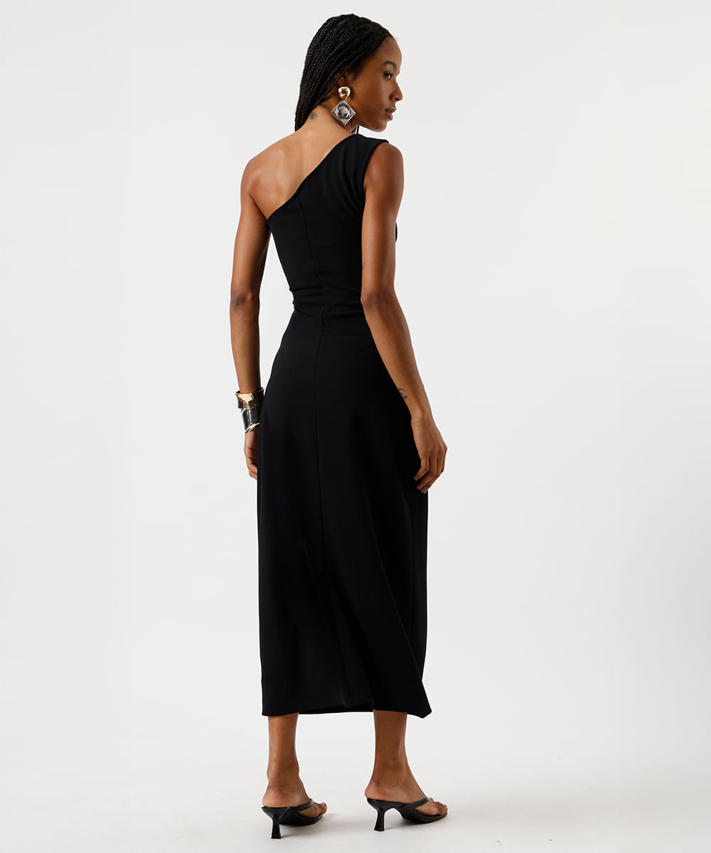 vestido midi ombro único feminino com fivela preto
