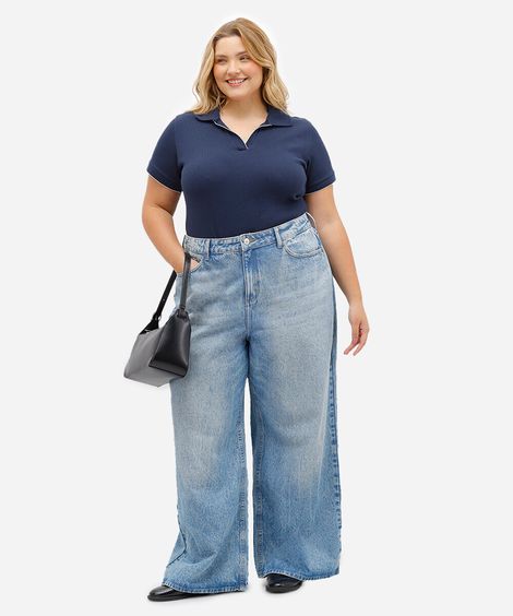 calça jeans plus size super wide leg cintura média azul