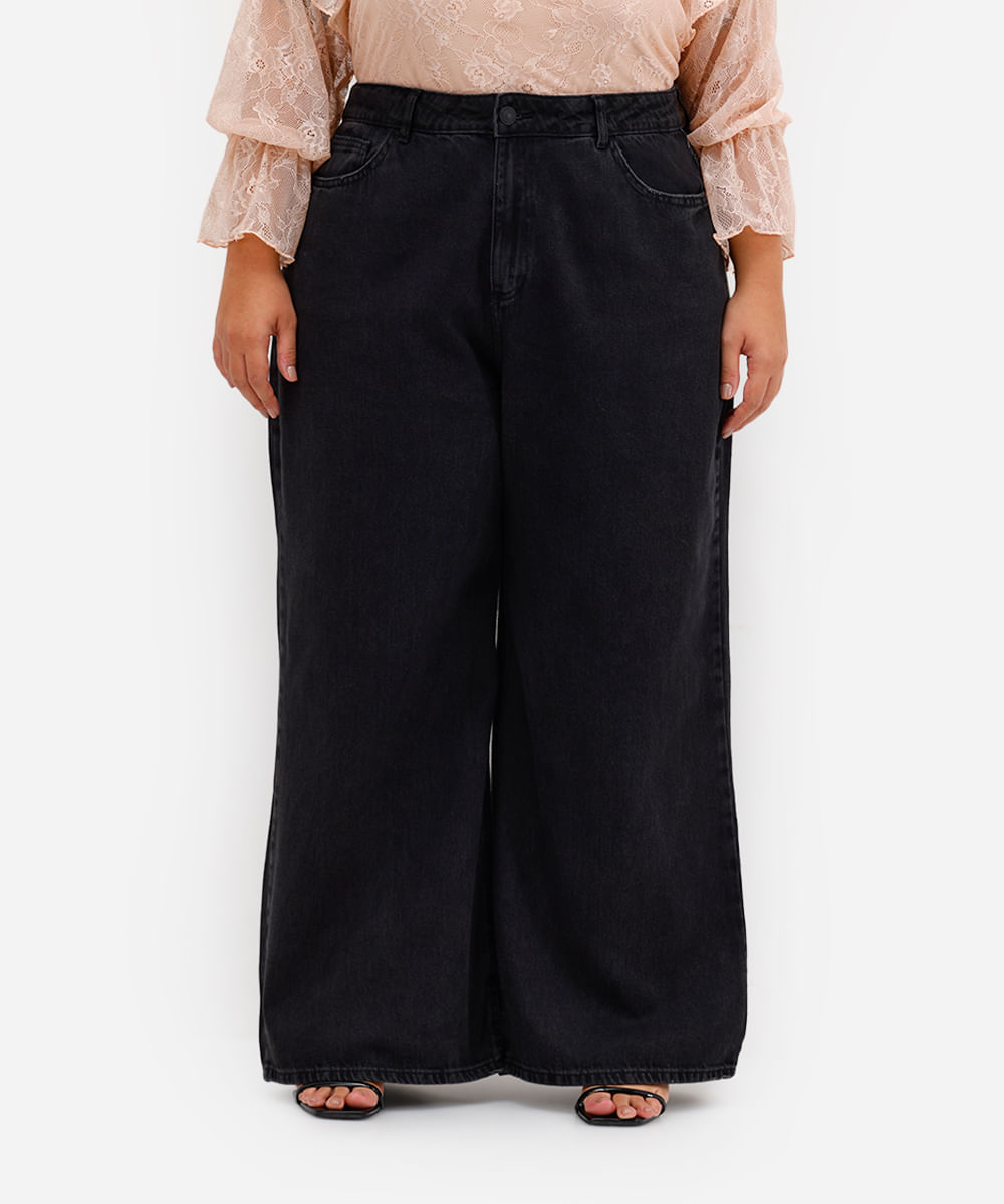 calça super wide leg jeans feminina plus size preta