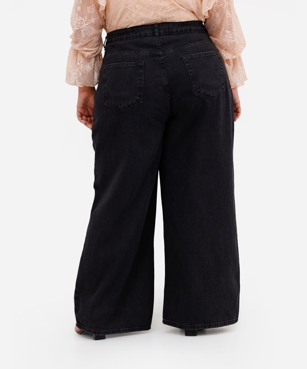 calça super wide leg jeans feminina plus size preta