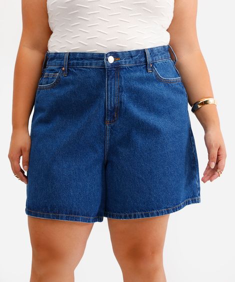 bermuda mom feminina jeans plus size azul