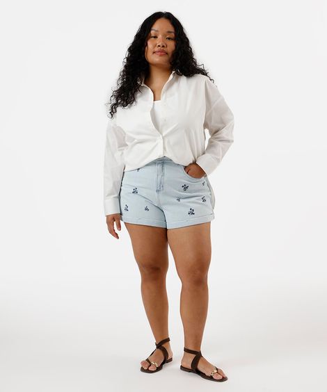 short mom feminino jeans bordado floral plus size azul
