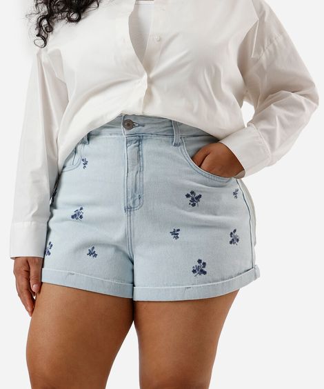 short mom feminino jeans bordado floral plus size azul
