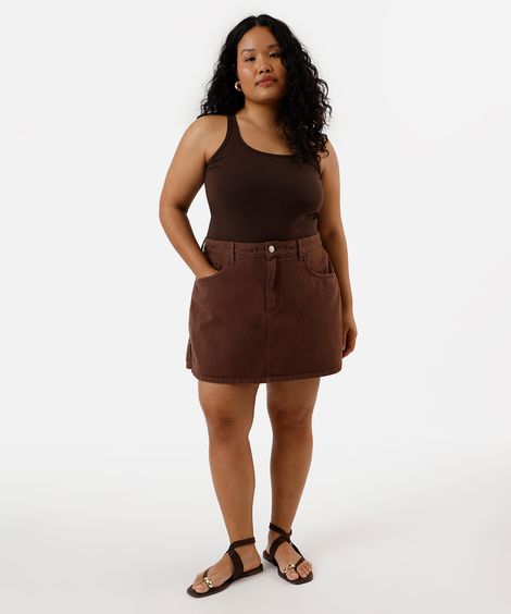 short saia feminino de sarja com fenda plus size marrom