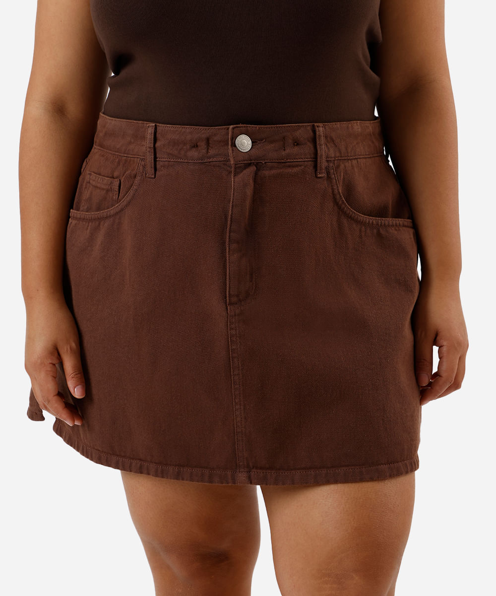short saia feminino de sarja com fenda plus size marrom