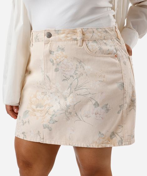 saia curta feminina de sarja floral plus size rosa