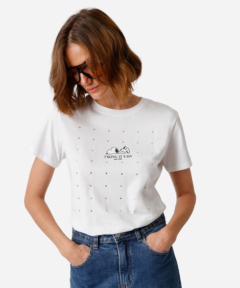 camiseta feminina de algodão snoopy com brilhos off white