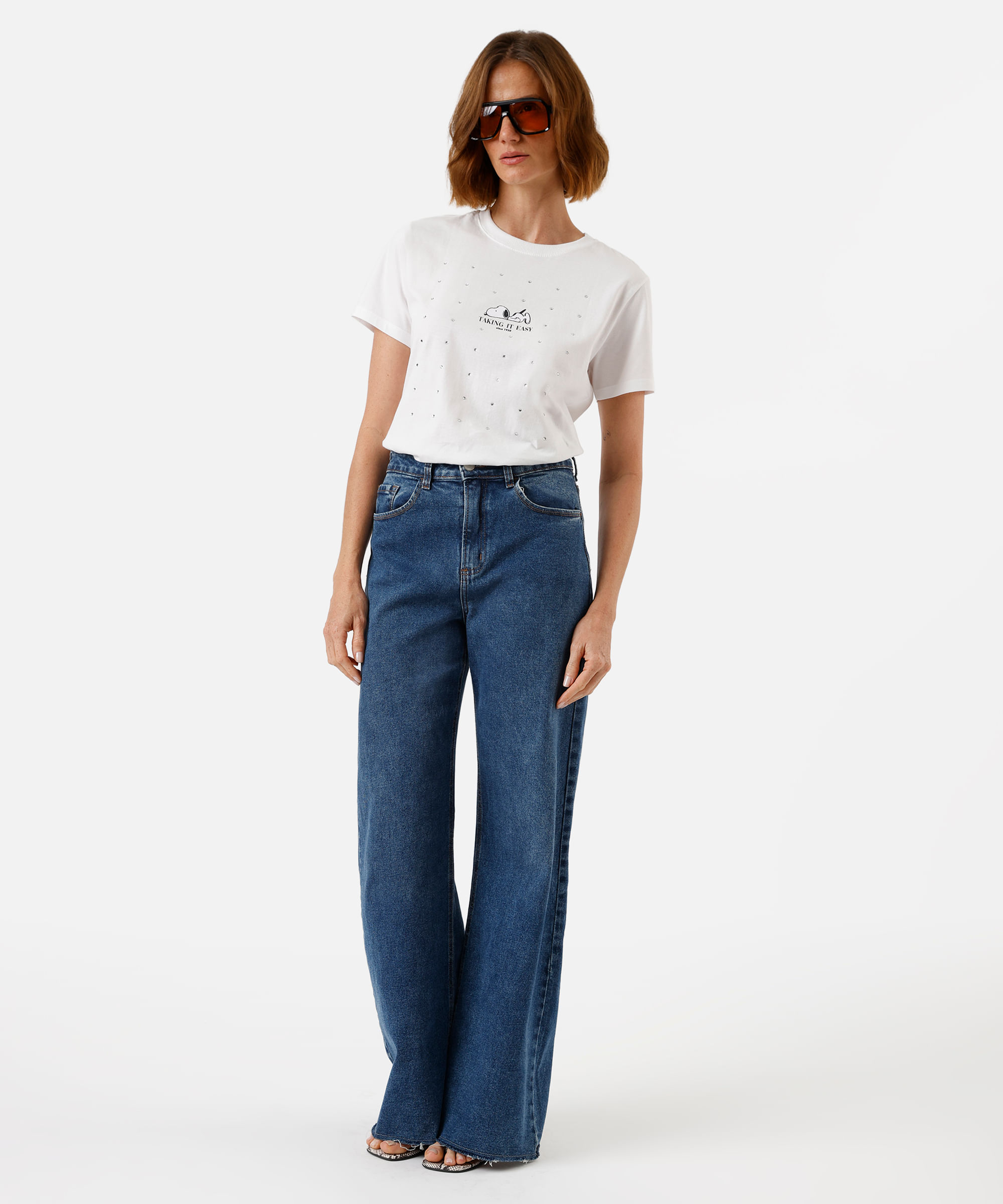 camiseta feminina de algodão snoopy com brilhos off white