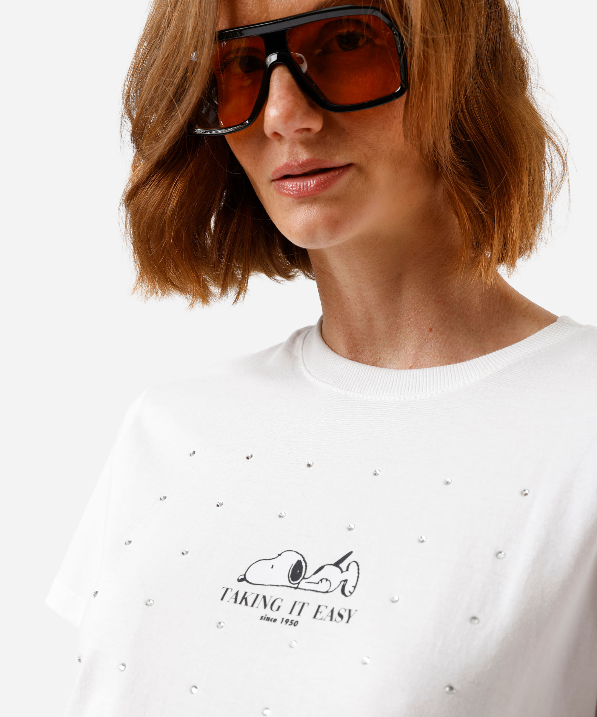 camiseta feminina de algodão snoopy com brilhos off white