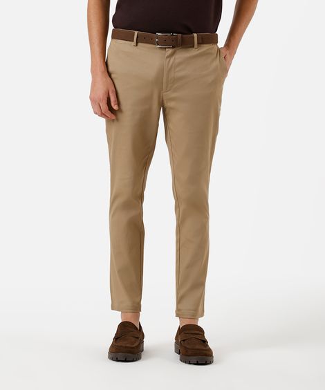 calça slim cropped masculina de sarja cós elástico bege