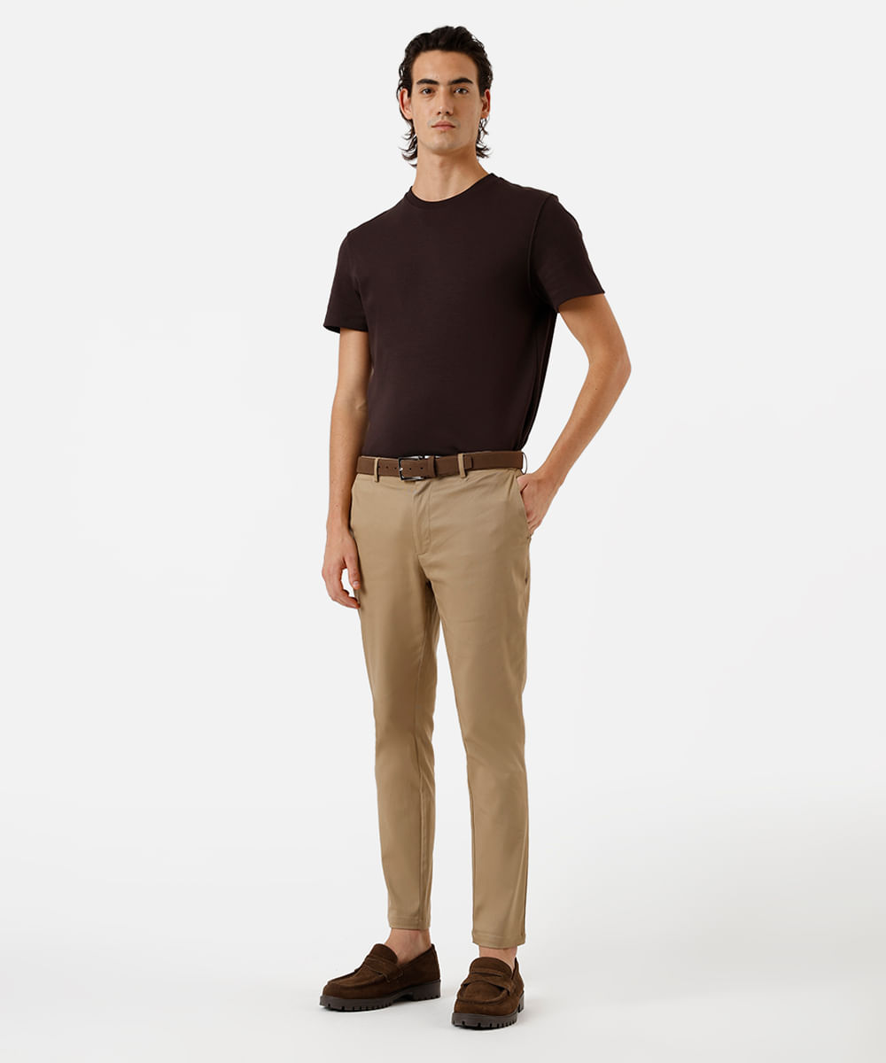 calça slim cropped masculina de sarja cós elástico bege