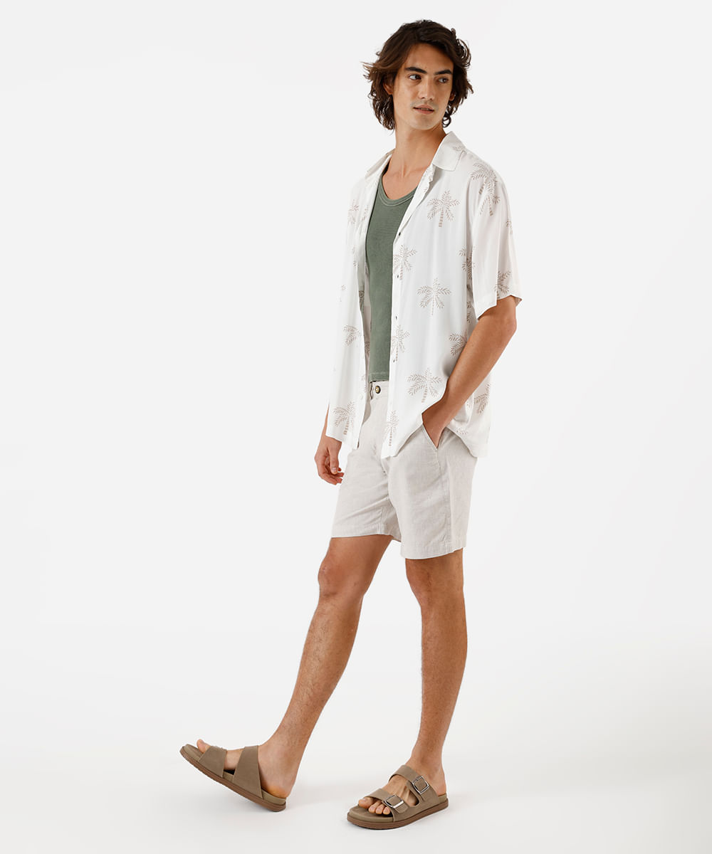camisa masculina de viscose folhagens off white