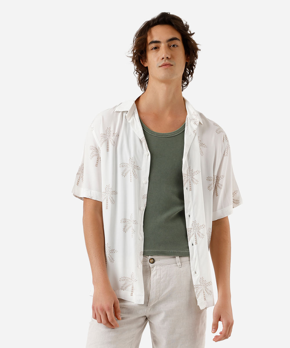 camisa masculina de viscose folhagens off white
