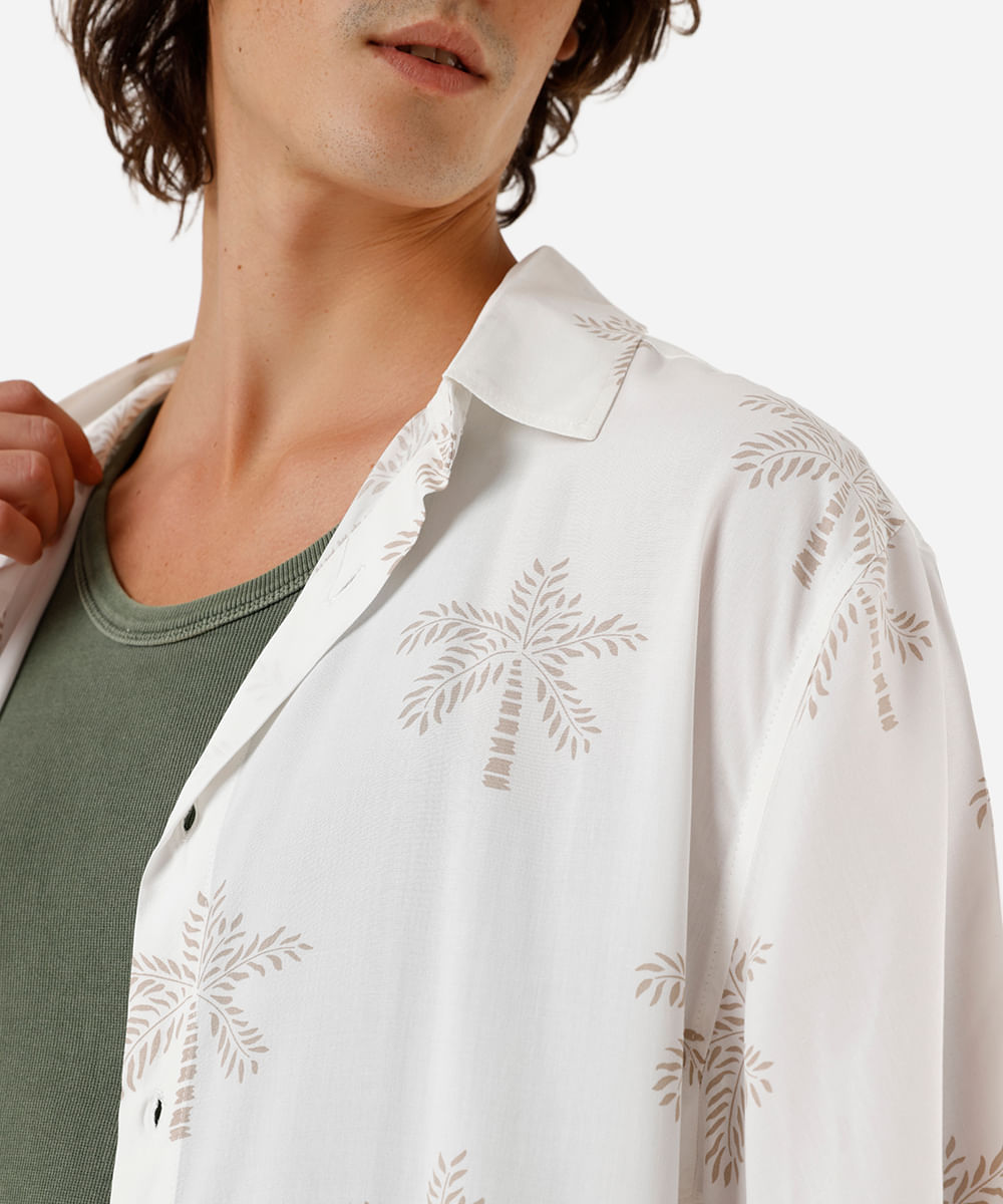 camisa masculina de viscose folhagens off white