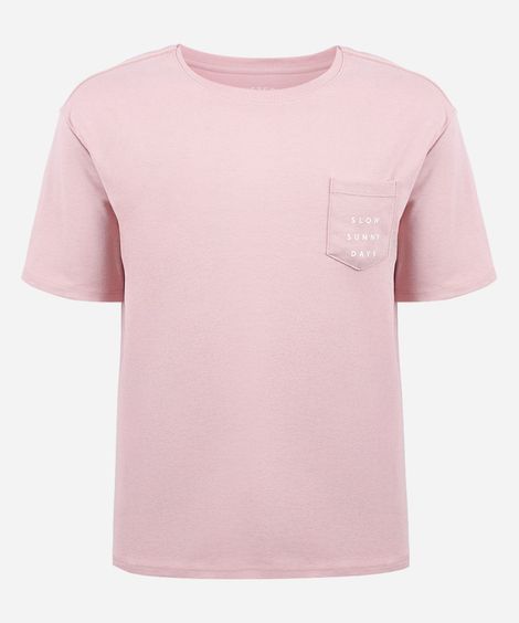 camiseta juvenil com algodão e bolso estampado rosa