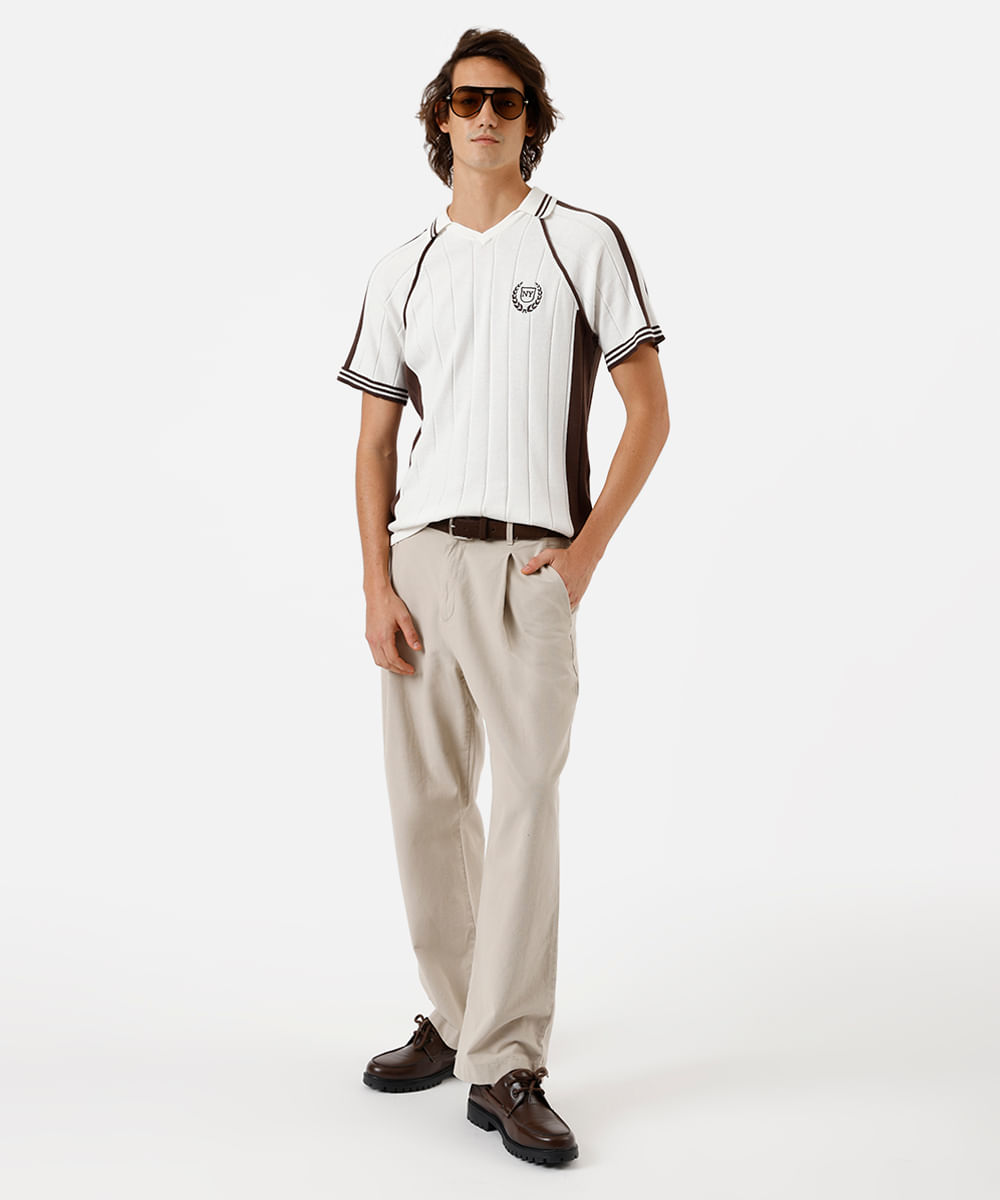 polo masculina de tricot canelado off white