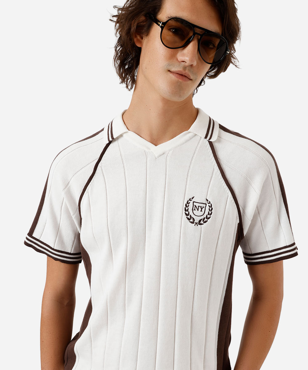 polo masculina de tricot canelado off white