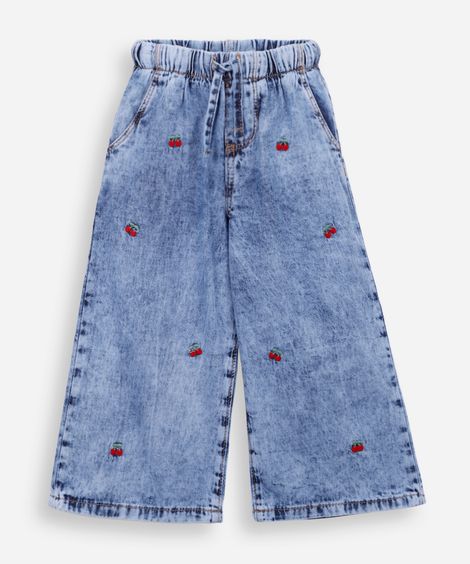 calça wide leg infantil jeans bordado cerejas azul