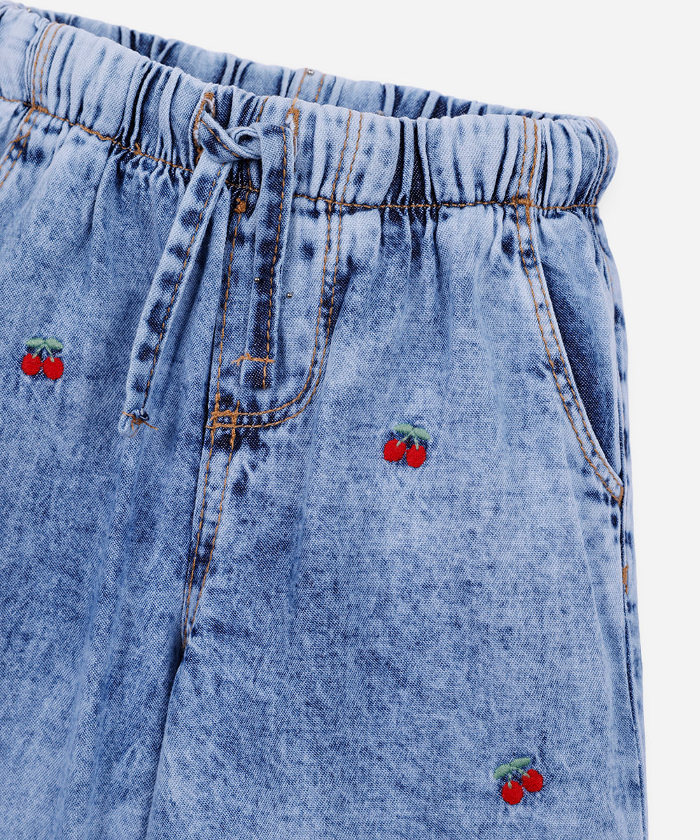 calça wide leg infantil jeans bordado cerejas azul