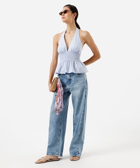 calça oversized feminina jeans cintura baixa azul