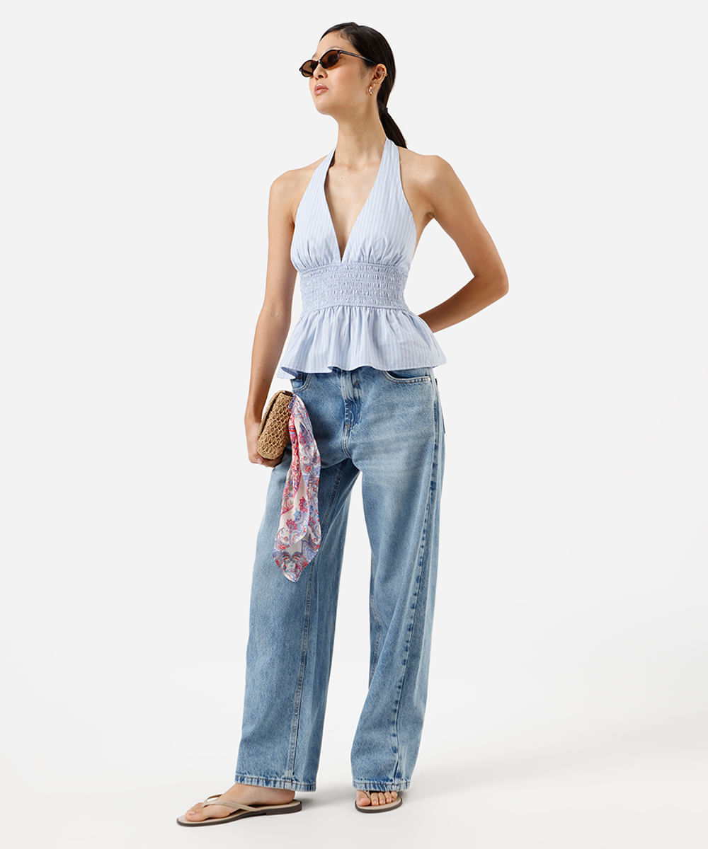 calça oversized feminina jeans cintura baixa azul