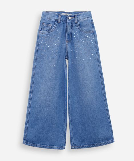 calça wide leg infantil jeans com brilho azul