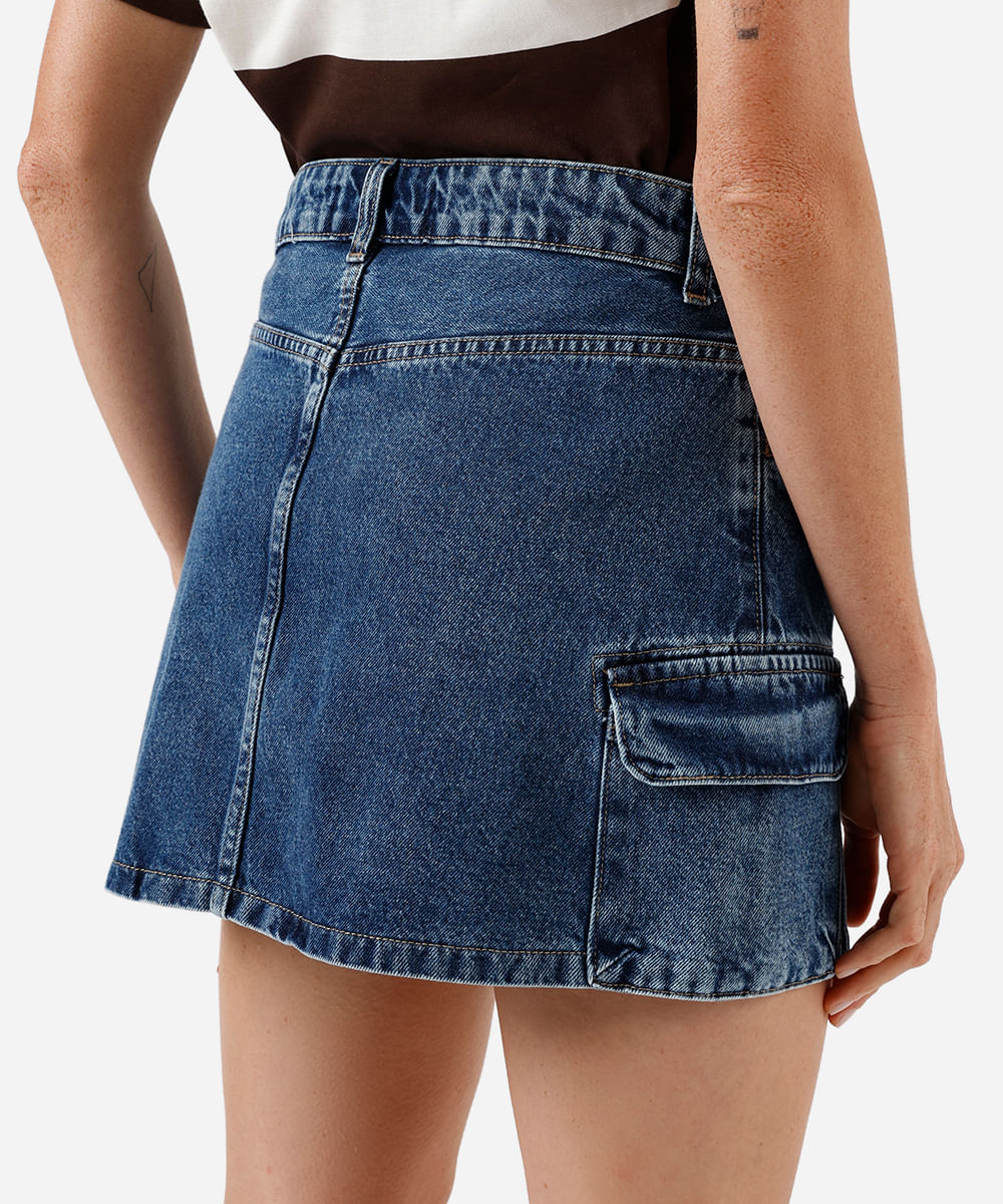 saia curta feminina jeans multibolsos azul