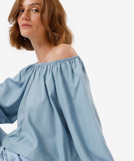 blusa feminina ombro a ombro com linho azul