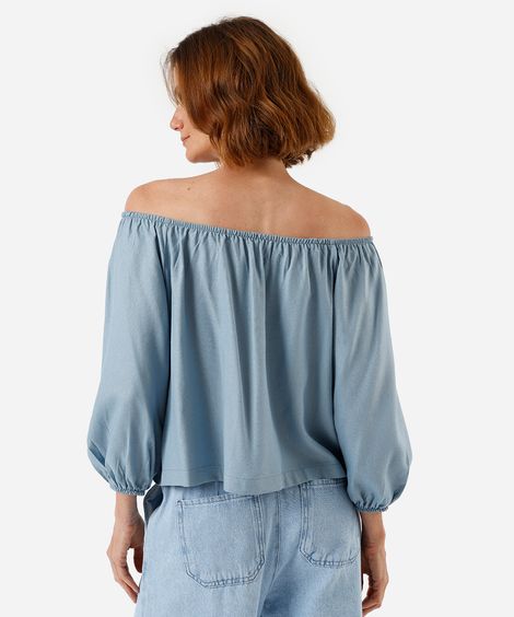 blusa feminina ombro a ombro com linho azul