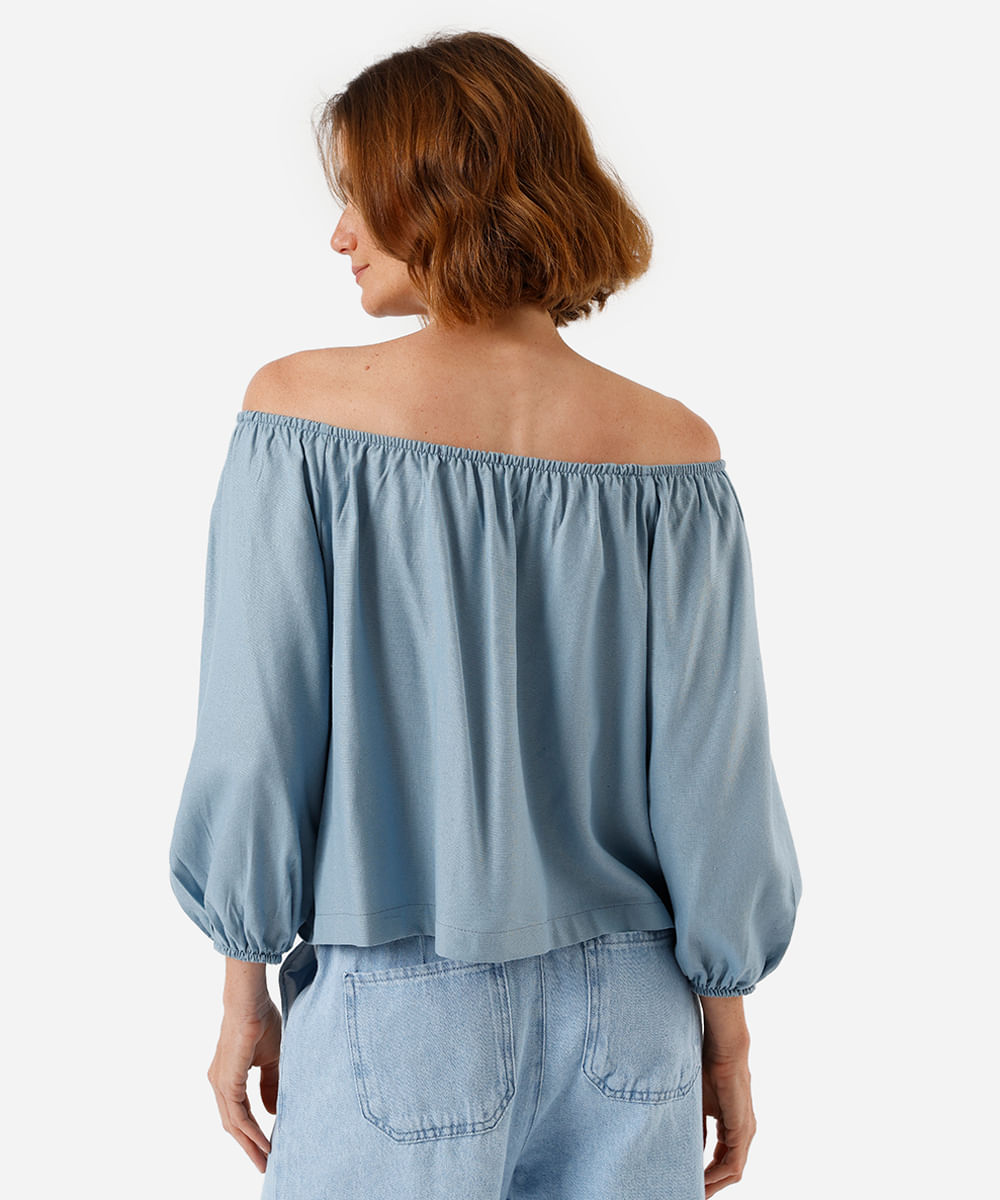 blusa feminina ombro a ombro com linho azul