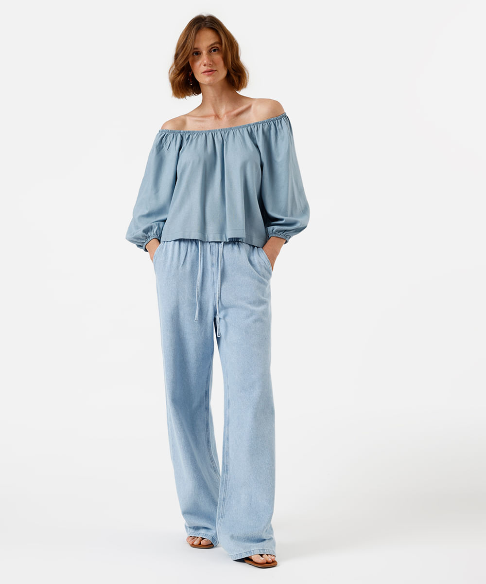 blusa feminina ombro a ombro com linho azul