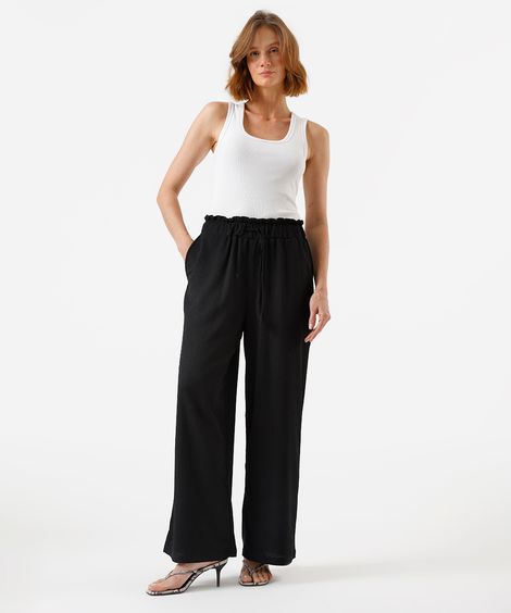 calça wide leg feminina cós elástico texturizada básica preto