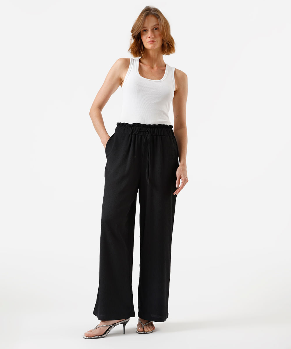 calça wide leg feminina cós elástico texturizada básica preto