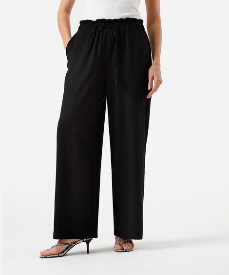 calça wide leg feminina cós elástico texturizada básica preto
