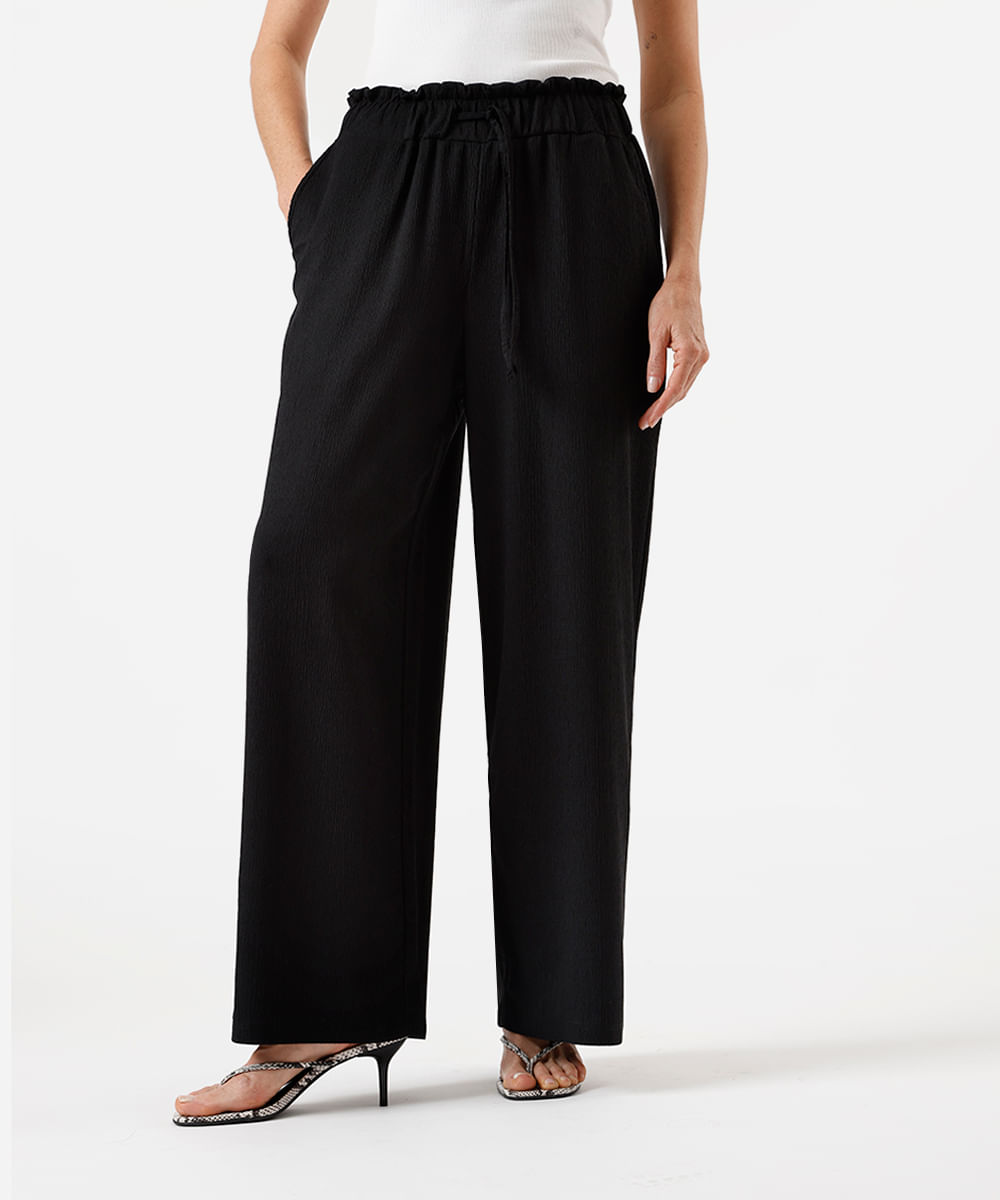 calça wide leg feminina cós elástico texturizada básica preto