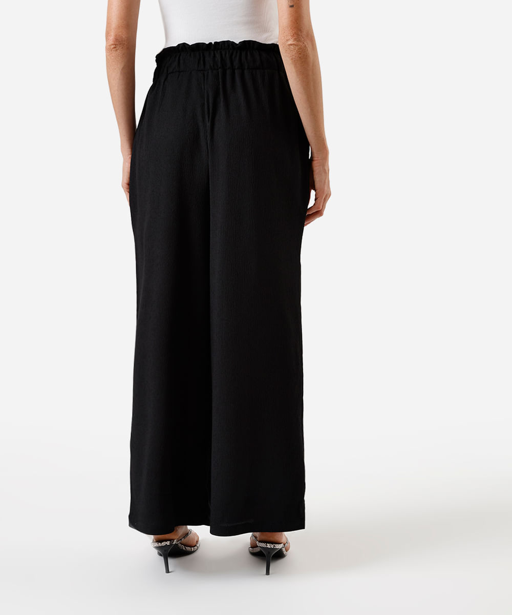 calça wide leg feminina cós elástico texturizada básica preto