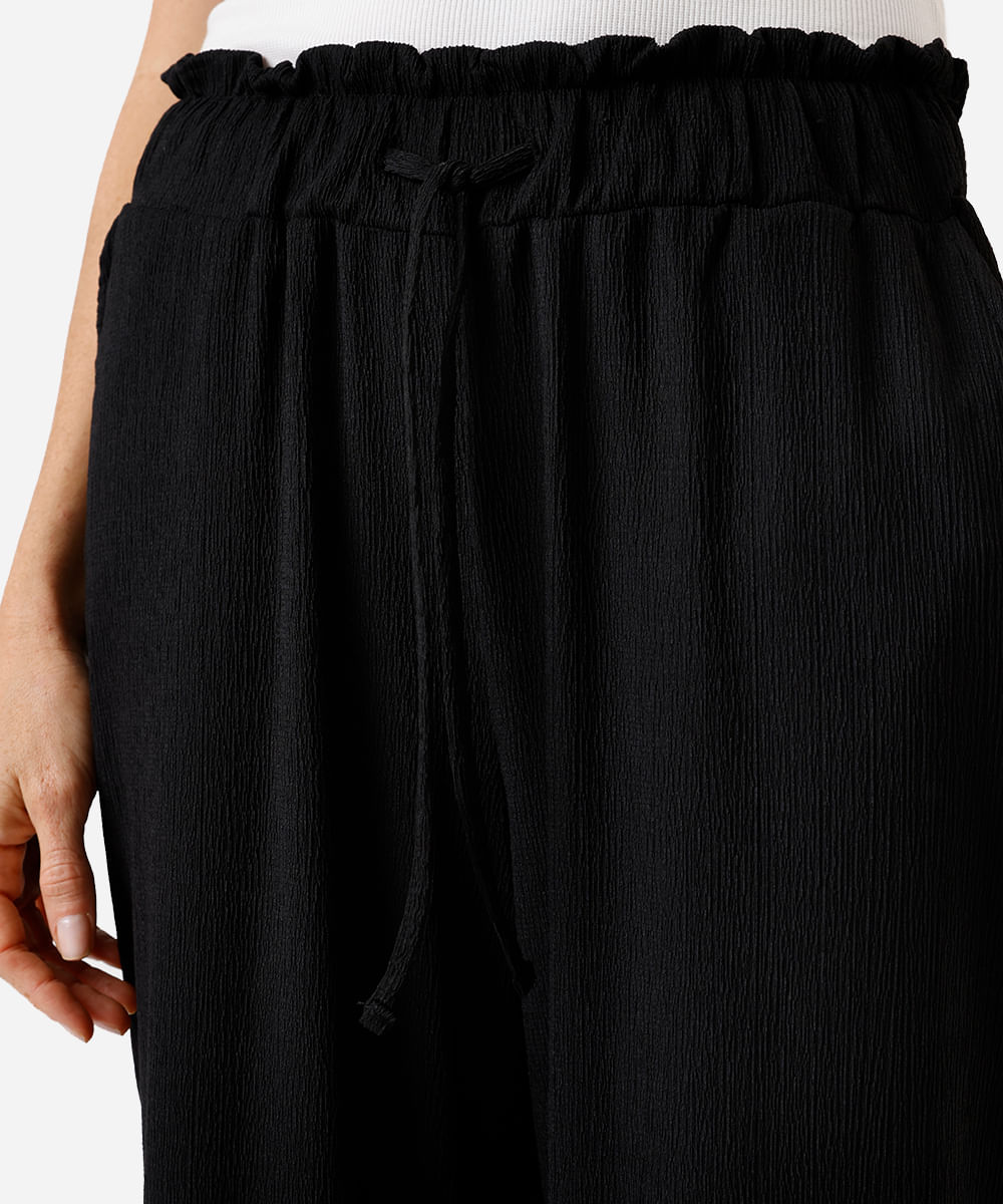 calça wide leg feminina cós elástico texturizada básica preto